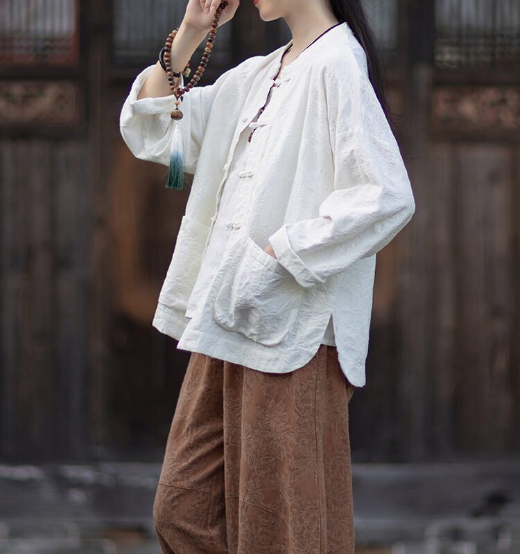 Woman's chinese-style linen stand collar shirt - 图片 3