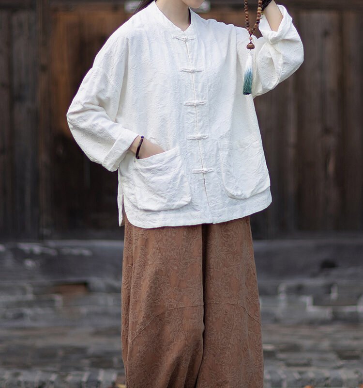 Woman's chinese-style linen stand collar shirt - 图片 4