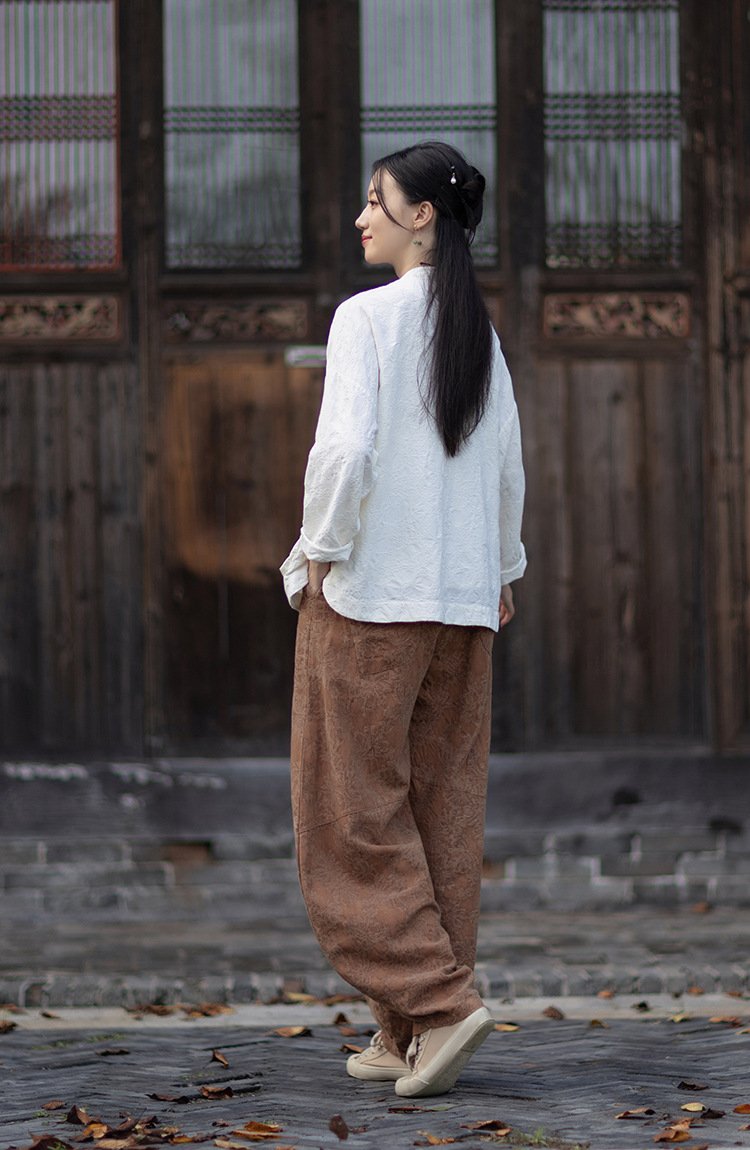 Chinese-style double-breasted linen shirt, loose fit, stand collar, with buttons on the front