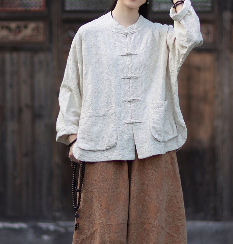 Woman's chinese-style linen stand collar shirt - 图片 12