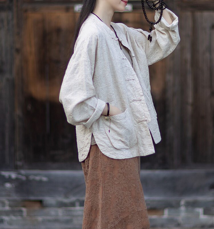Woman's chinese-style linen stand collar shirt - 图片 13