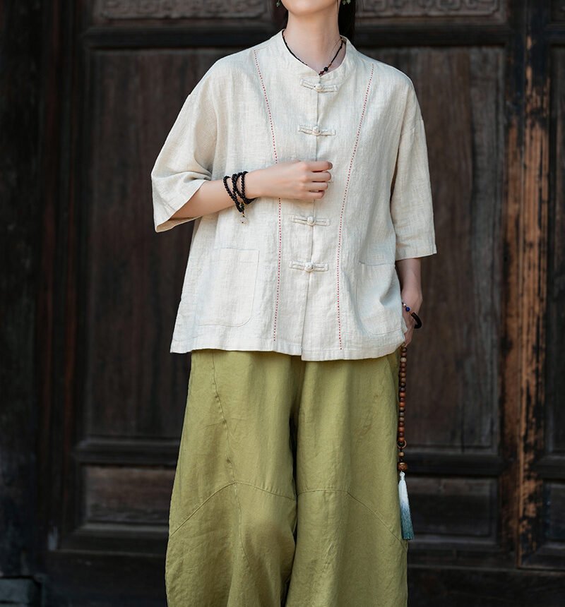 Cotton and linen women's handmade sewn button-up top