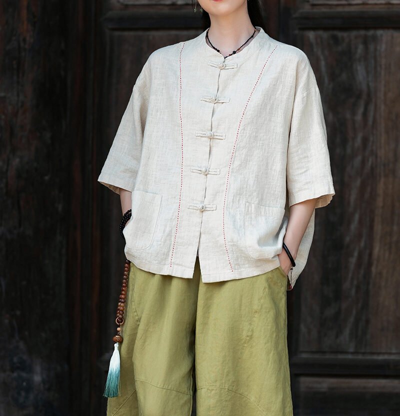 Cotton and linen women's handmade sewn button-up top