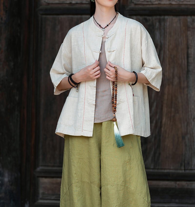 Cotton and linen women's handmade sewn button-up top