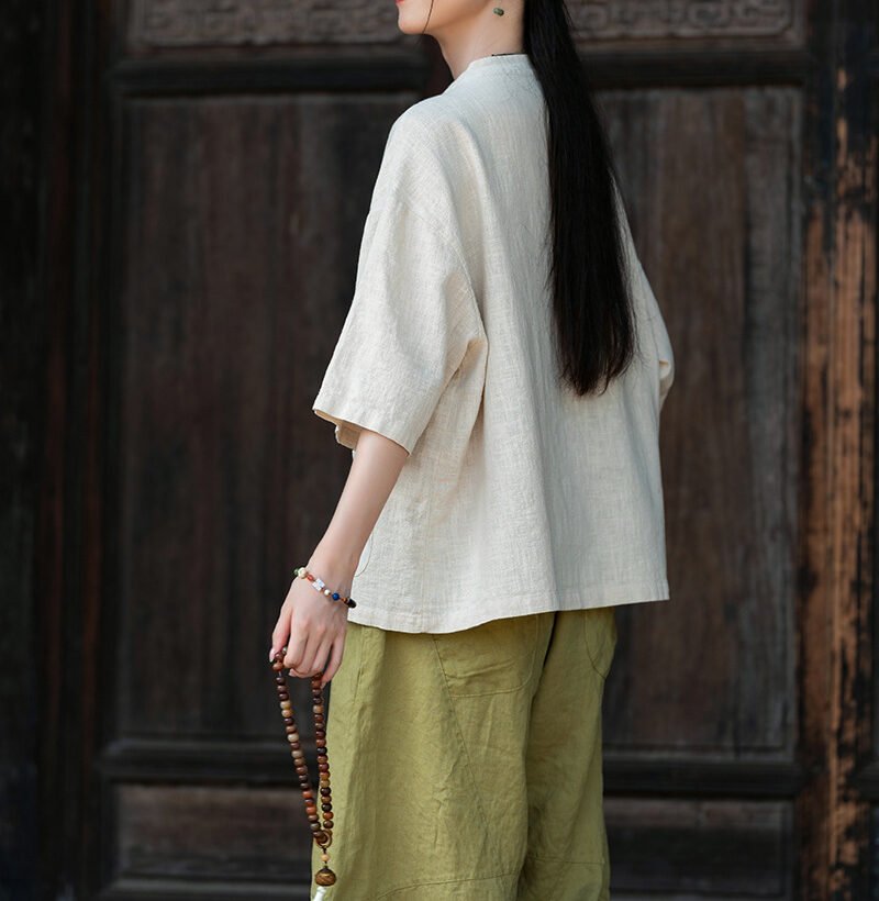 Cotton and linen women's handmade sewn button-up top