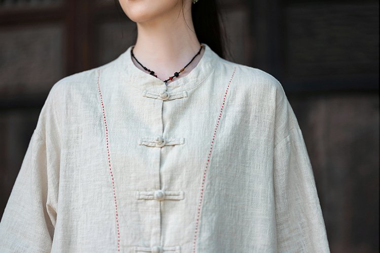 Cotton and linen women's handmade sewn button-up top