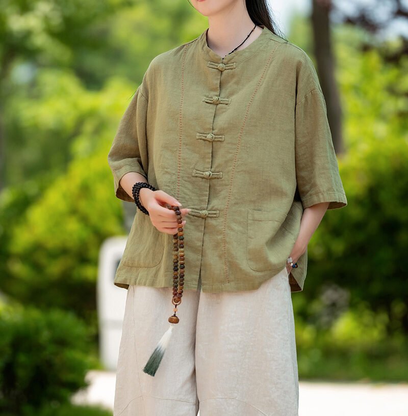 Cotton and linen women's handmade sewn button-up top