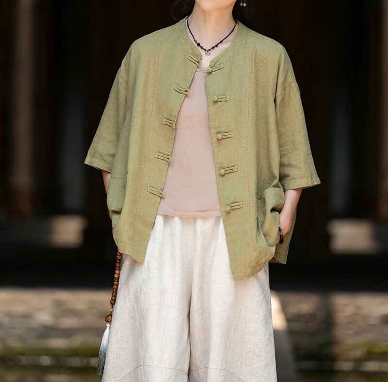 Cotton and linen women's handmade sewn button-up top