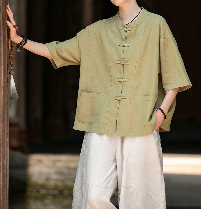 Cotton and linen women's handmade sewn button-up top