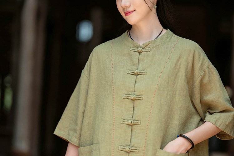 Cotton and linen women's handmade sewn button-up top