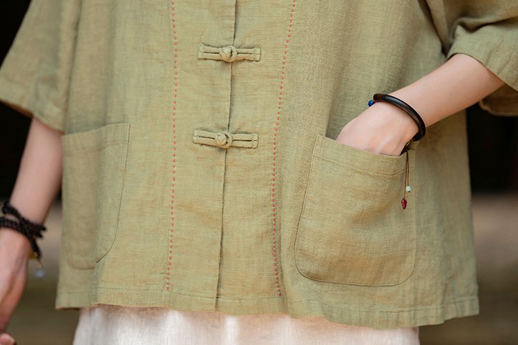 Cotton and linen women's handmade sewn button-up top