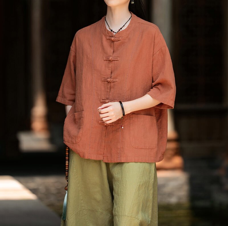 Cotton and linen women's handmade sewn button-up top