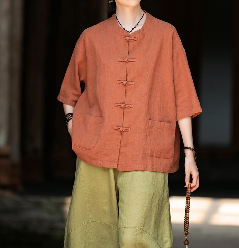 Cotton and linen women's handmade sewn button-up top