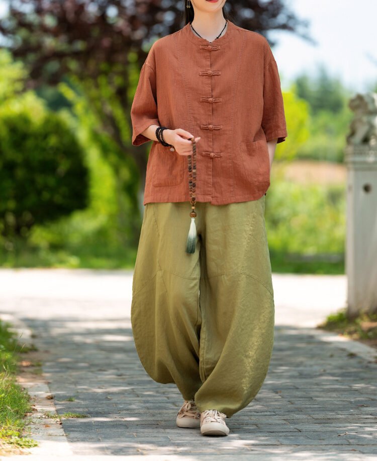 Cotton and linen women's handmade sewn button-up top