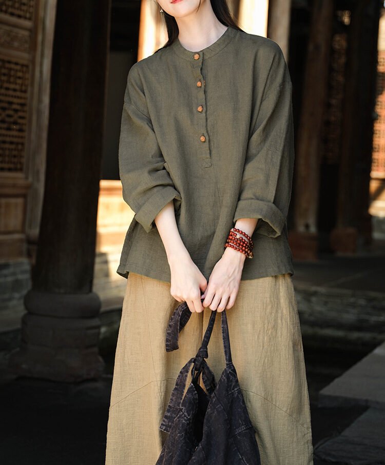 Cotton and linen women's stand collar color-block button-up pullover shirt in large size