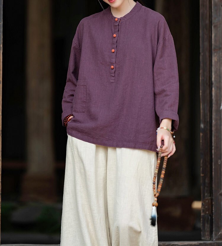 Women's Cotton and linen stand collar pullover shirt - 图片 17