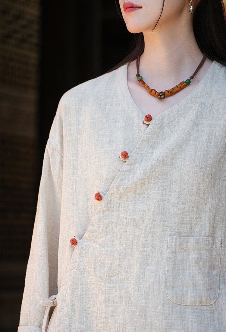 New Chinese-style ramie female top with oblique placket and plate buttons