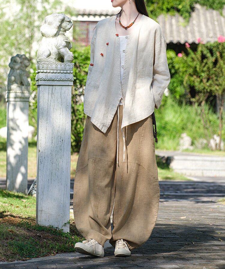 New Chinese-style ramie female top with oblique placket and plate buttons
