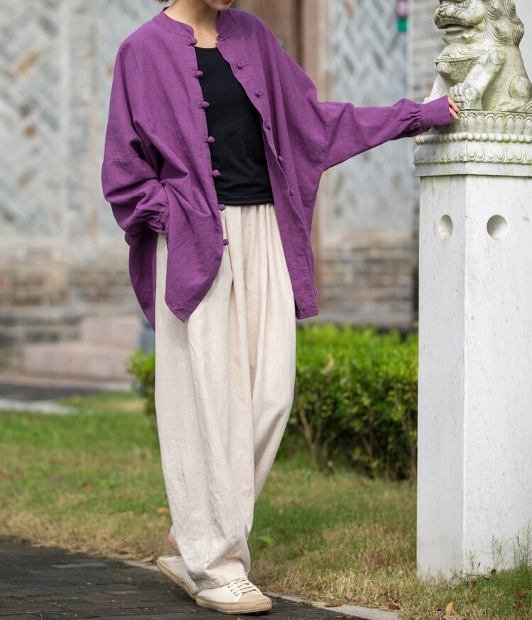 Women's ramie Chinese-style tea dress with plate buttons