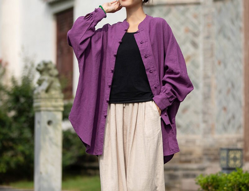 Women's ramie Chinese-style tea dress with plate buttons