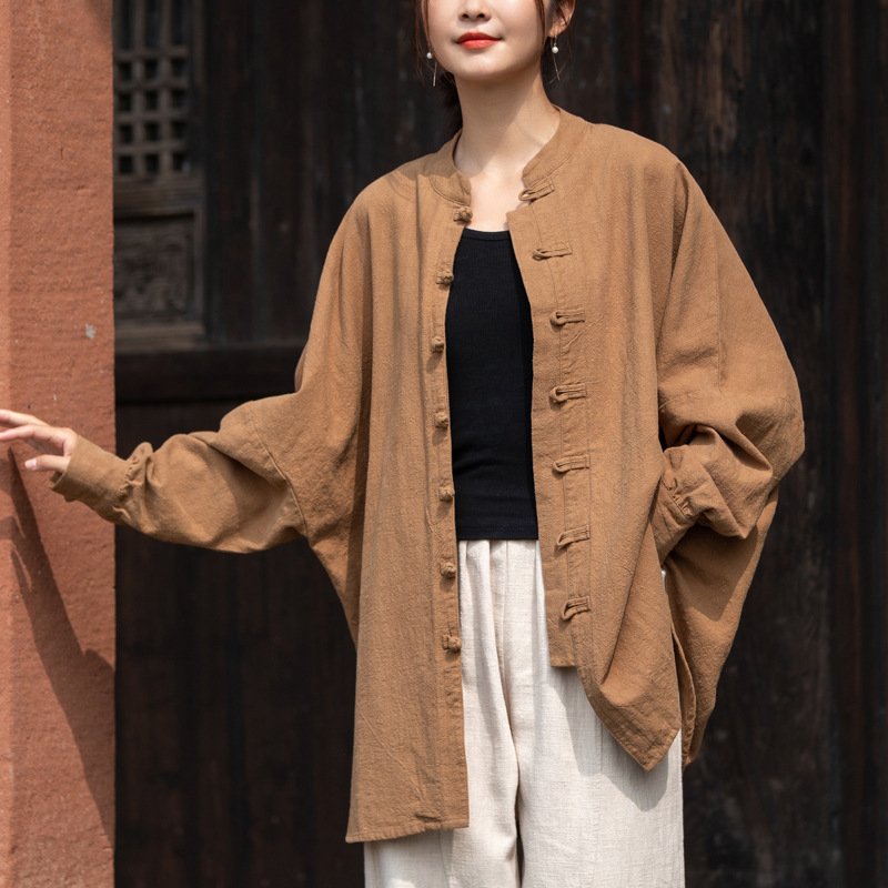 Women's ramie Chinese-style tea dress with plate buttons