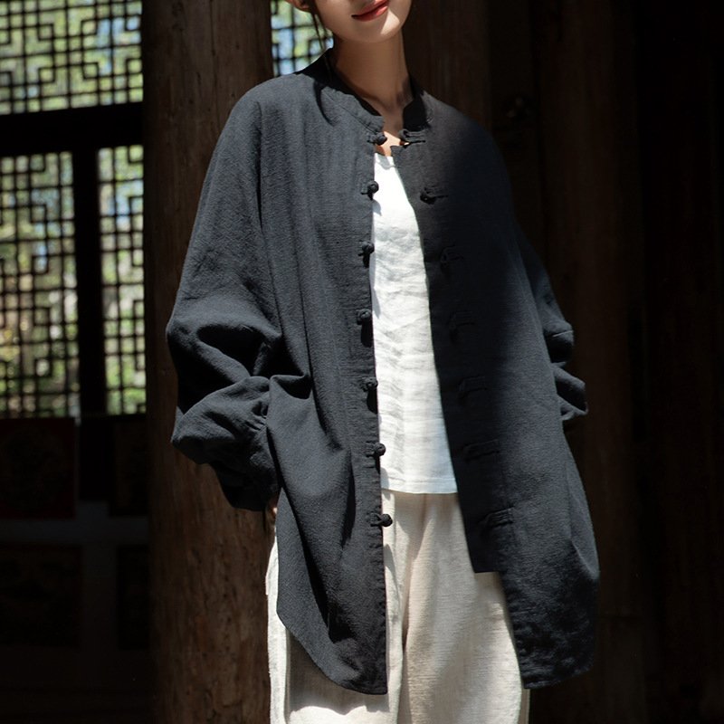 Women's ramie Chinese-style tea dress with plate buttons